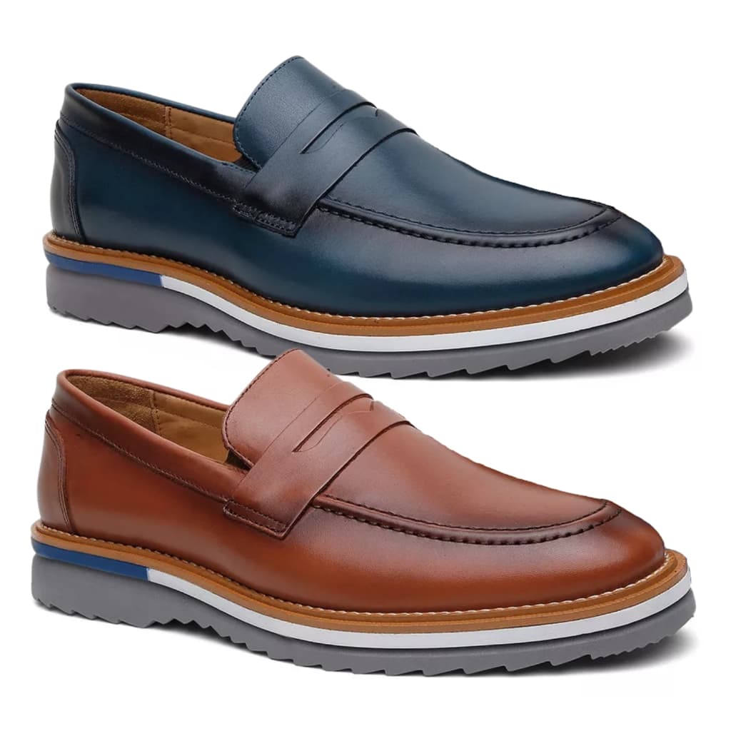 Kit 2 Sapato Mocassim Masculino Social Couro Loafer Drive Slip on Calce Fácil Rapido