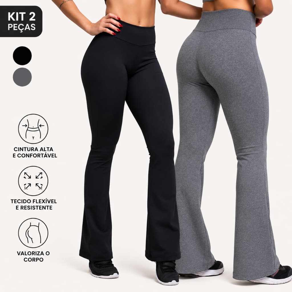 Kit com 2 peças Calça Flare Miusa Elite Suplex Cintura Alta, Boca de Sino Roupas Femininas