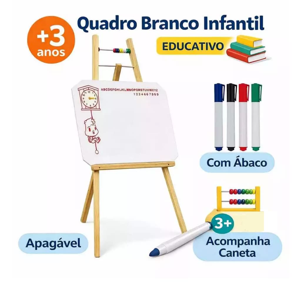 Lousa Quadro Branco  Infantil C/  Cavalete + Apagador + Canetas