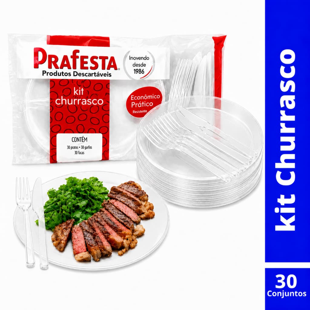 30conj Kit Churrasco Descartável Reforçado E Resistente Prato/Faca/Garfo