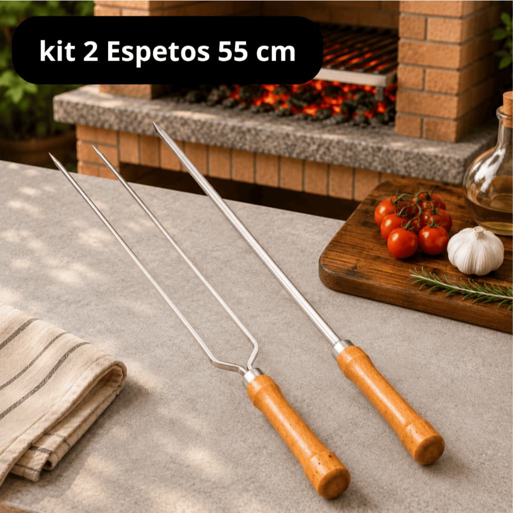 Kit Espetos Simples e Duplo 55cm Para Churrasco Aço Cabo Madeira Acessórios Para Churrasqueira