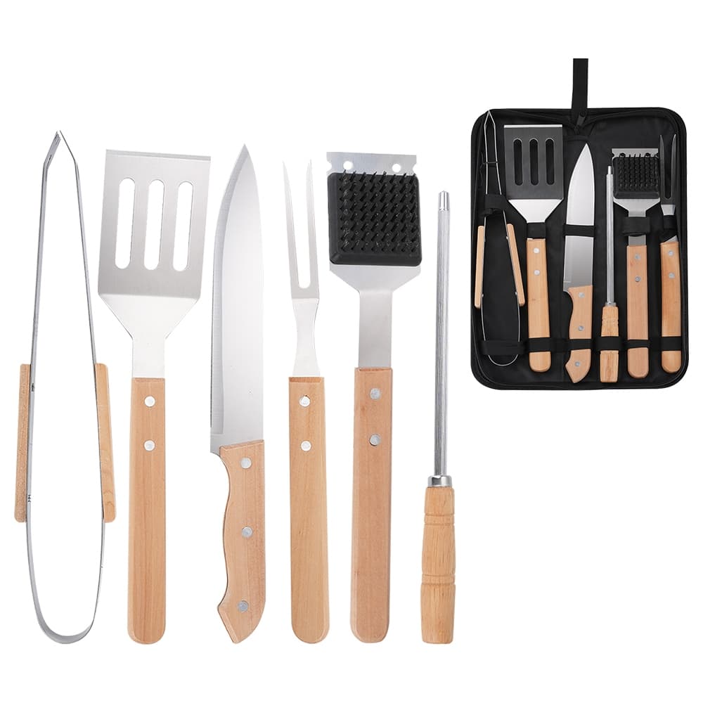 6 peças Kit de Ferramentas para Churrasco com Espátula, Garfo, Pegador e Faca em Aço Inoxidável Ideal