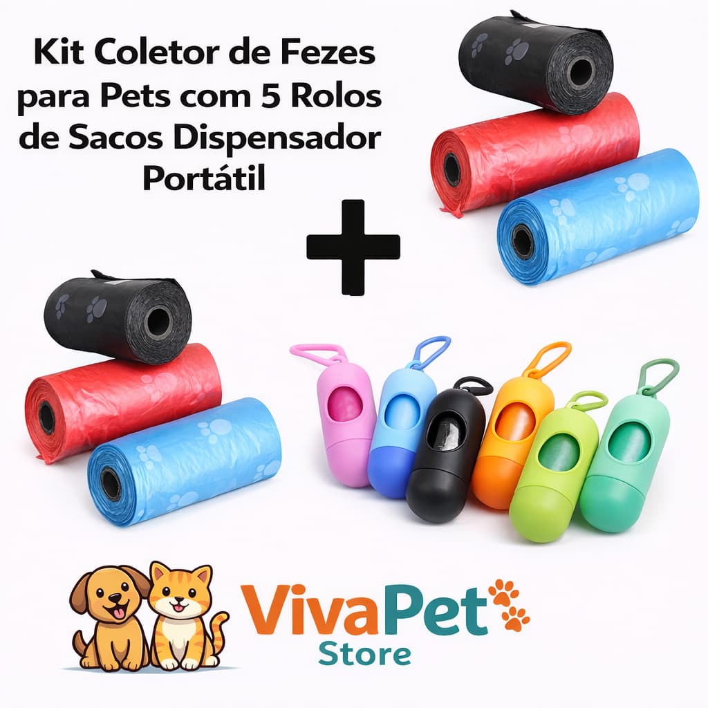 Kit Coletor de Fezes para Pets com 5  Rolos de Sacos – Dispensador Portátil Cata Caca