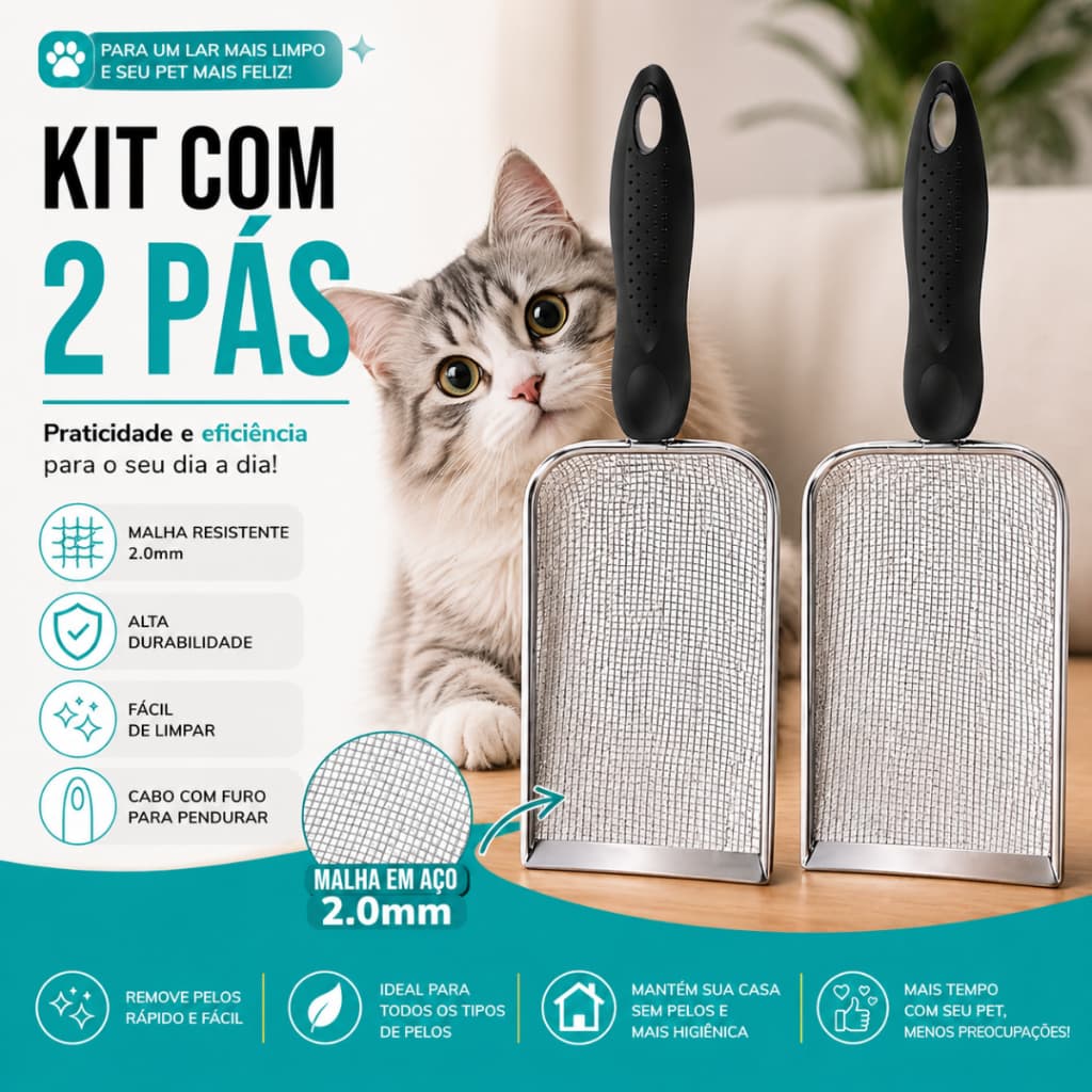 KIT com 2 Pás Higiênicas para Gatos Aço Inox Durável – Peneira Coletora de Areia Rápida e Fácil Limpeza