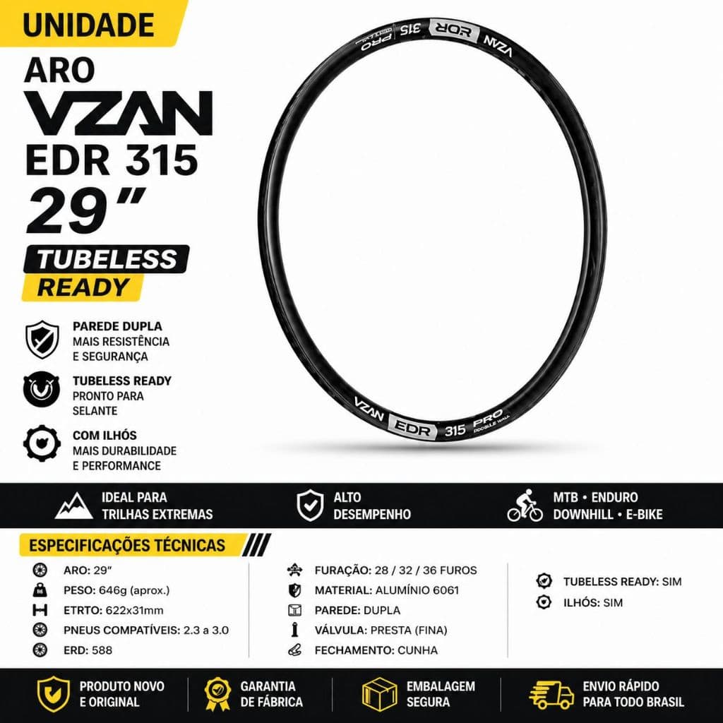 Aro Vzan EDR 315 29 Tubeless Ready Disc 28/32/36 Furos MTB Enduro Downhill