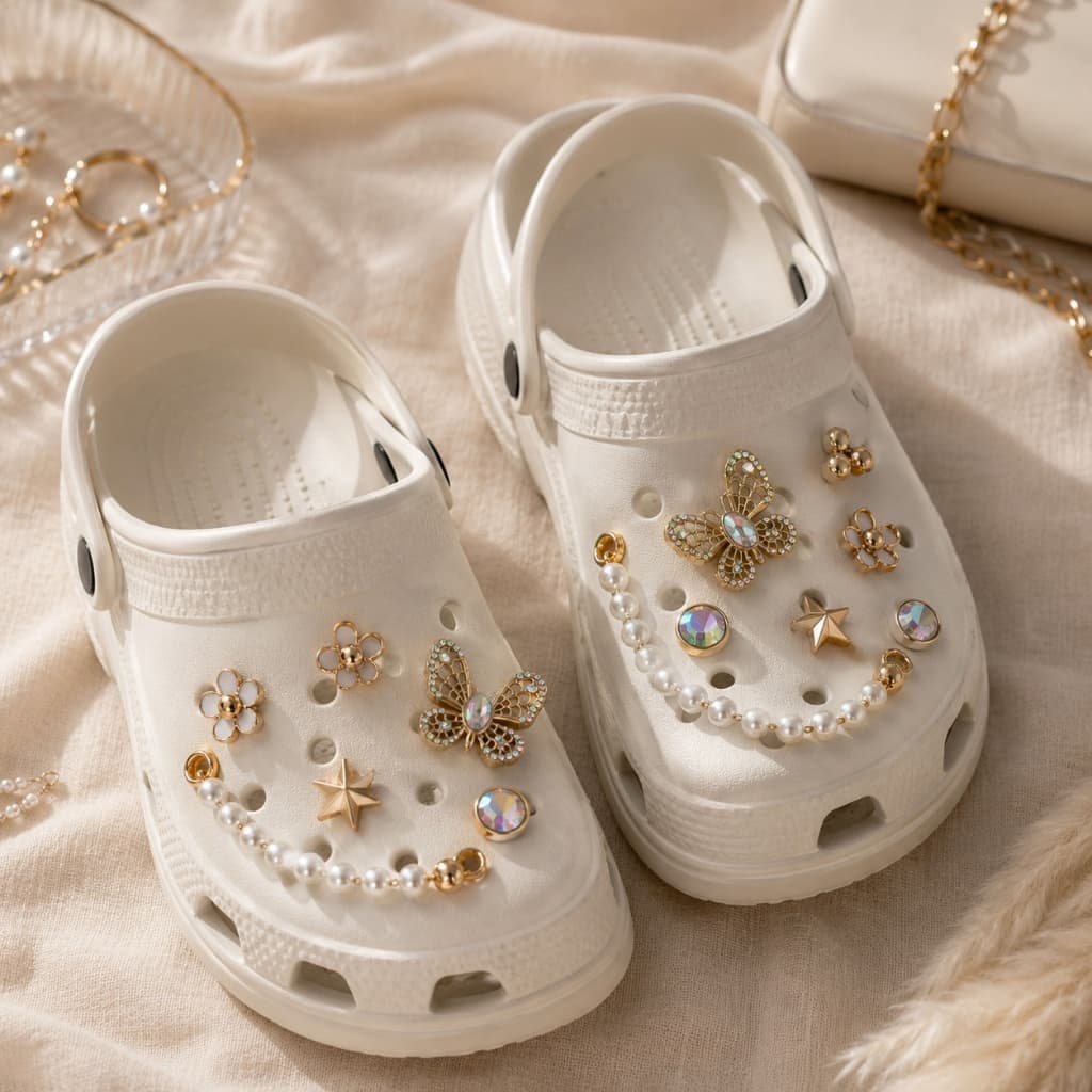Kit de Enfeites para Sandália Babuche com Borboletas, Flores, Estrelas, Pérolas e Strass para Personalizar Calçados