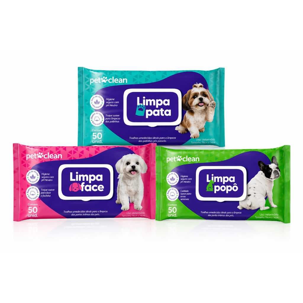 Toalha Lenço Umedecido Cachorro Cães e Gatos 50un Limpa Pata, Popô, Face Higiene pH Neutro Pet Clean