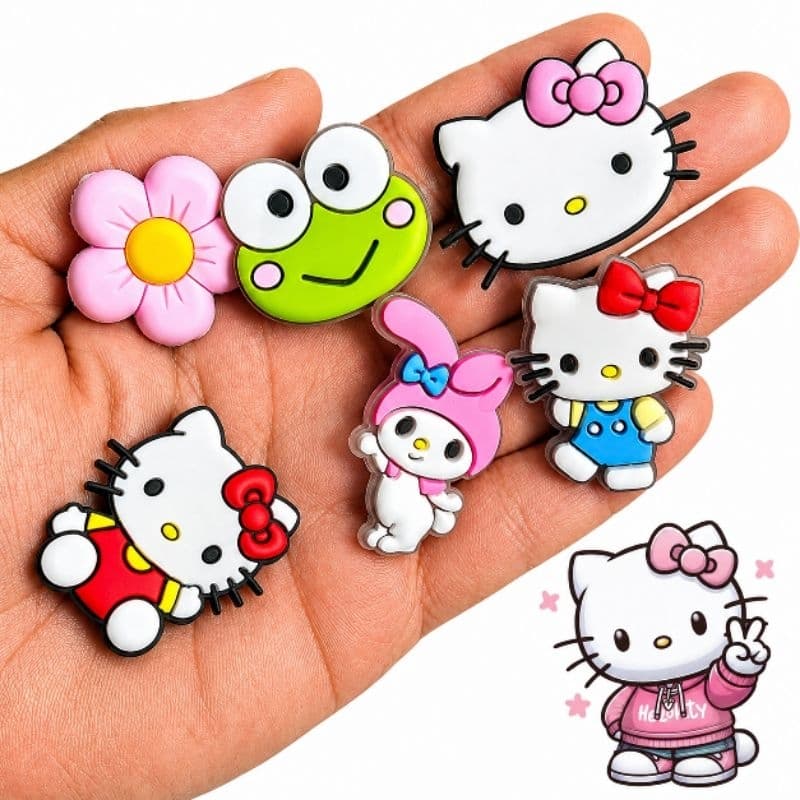 kit 10 Pins BOTONS Enfeites Para Sandália Babuche Fácil de Colocar Aplique Hello kitty Removíveis (Kit Hello kitty)