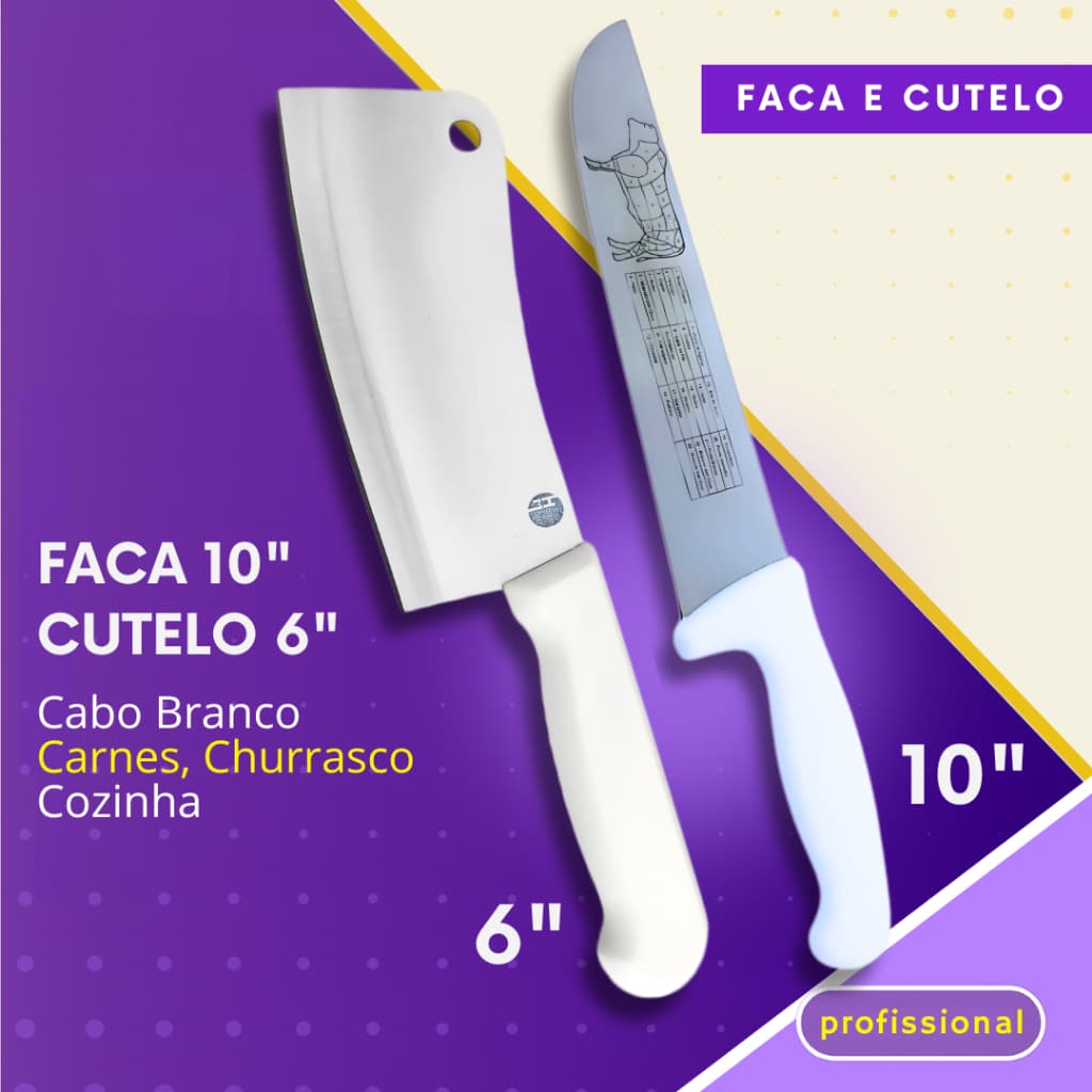 Kit 2- Faca 10"e Cutelo 6" Cabo Branco Profissional Aço Inox para Churrasco Açougue Cozinha