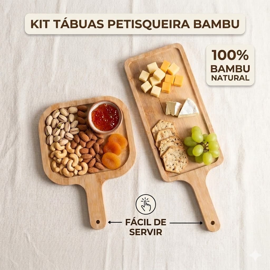 Kit 2 Tábuas Petisqueiras de Bambu Premium Tábua de Frios e Churrasco Ecológica Multifuncional