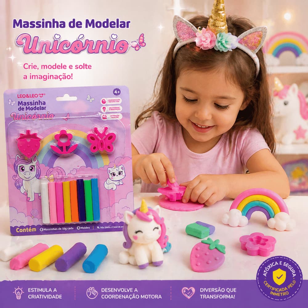 Massinha de Modelar Unicórnio Leo & Leo 8 Cores + 3 Moldes Atóxica INMETRO