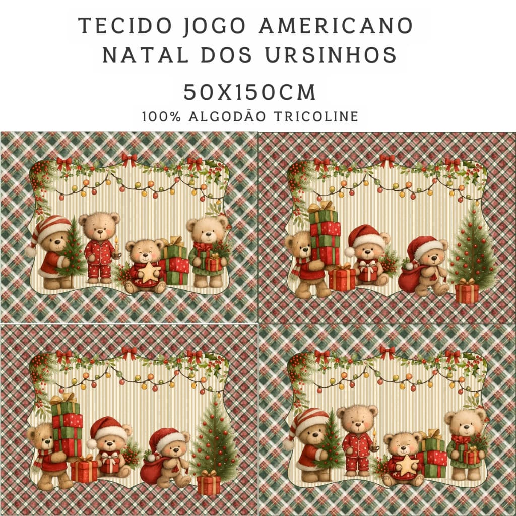 Tecido Tricoline Digital 4 Jogo Americano Natal dos Ursinhos 100% Algodão 55x150cm Maria Flor