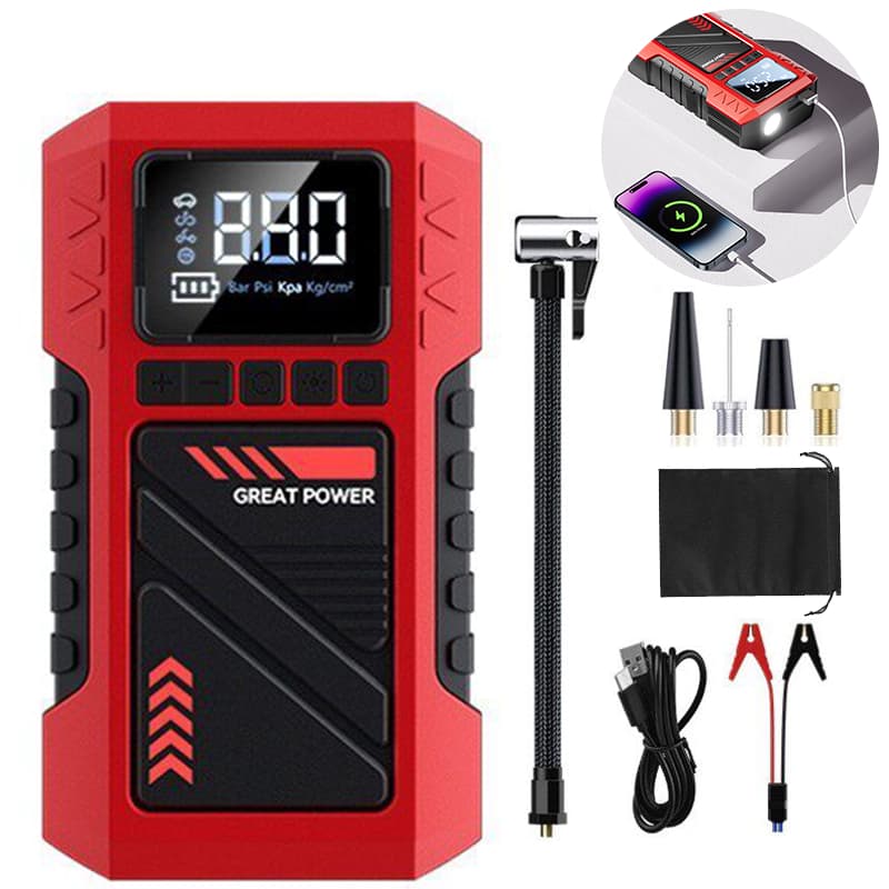 Compressor de Ar 150PSI 12V Portátil com Auxiliar de Partida Power Bank 8000mAh Inflador Digital com LED Carro Moto