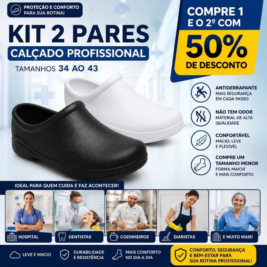 Kit 2 Sapatos Profissional Fechado Enfermagem Cozinha Saúde Farmácia Limpeza Serviço EPI Unissex