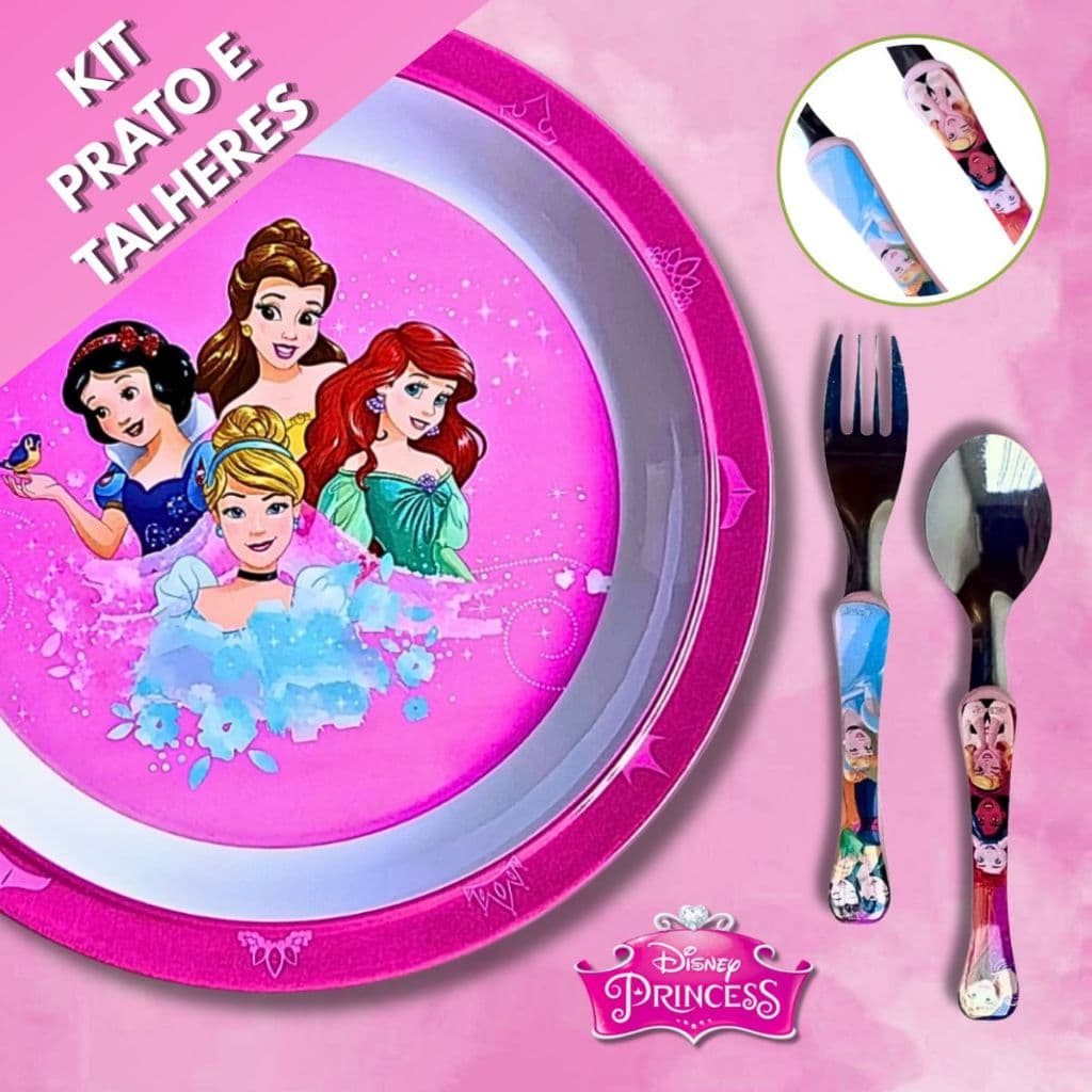Kit Refeição Infantil Princesas com Prato e Talheres Melanina Livre de BPA