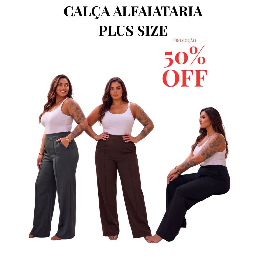 Calça Alfaiataria Pantalona Plus Size Wide Leg Cintura Alta Social Premium
