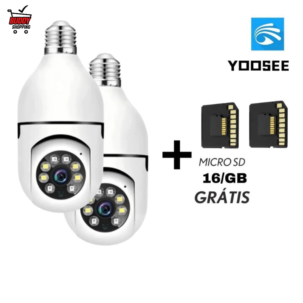 Kit 2 Câmeras Lâmpada Wifi 360 IP Segurança Full HD PTZ + 2 Cartões SD 16GB