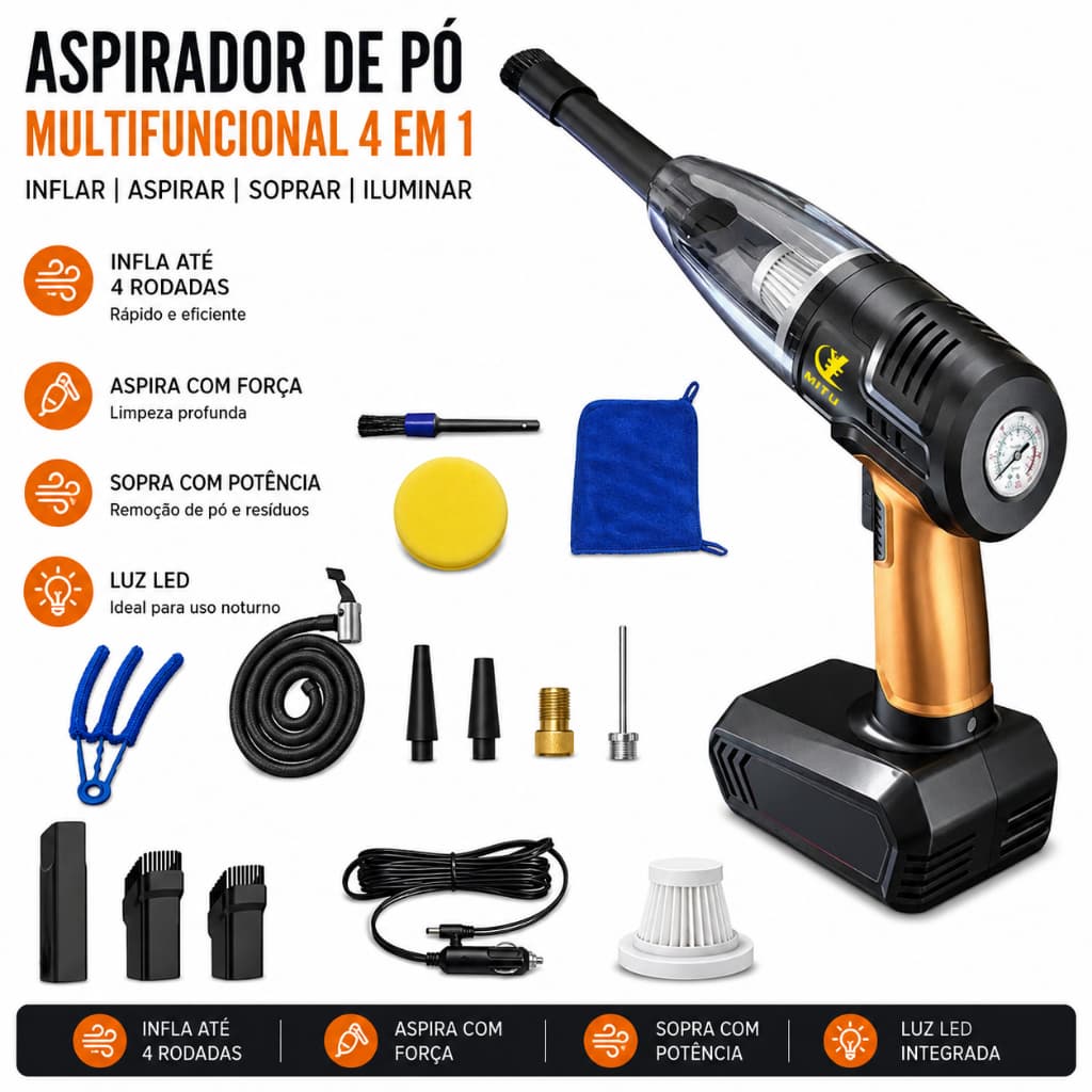 Compressor de ar multifuncional de 12V e aspirador de pó portátil Com Fio Para Carros