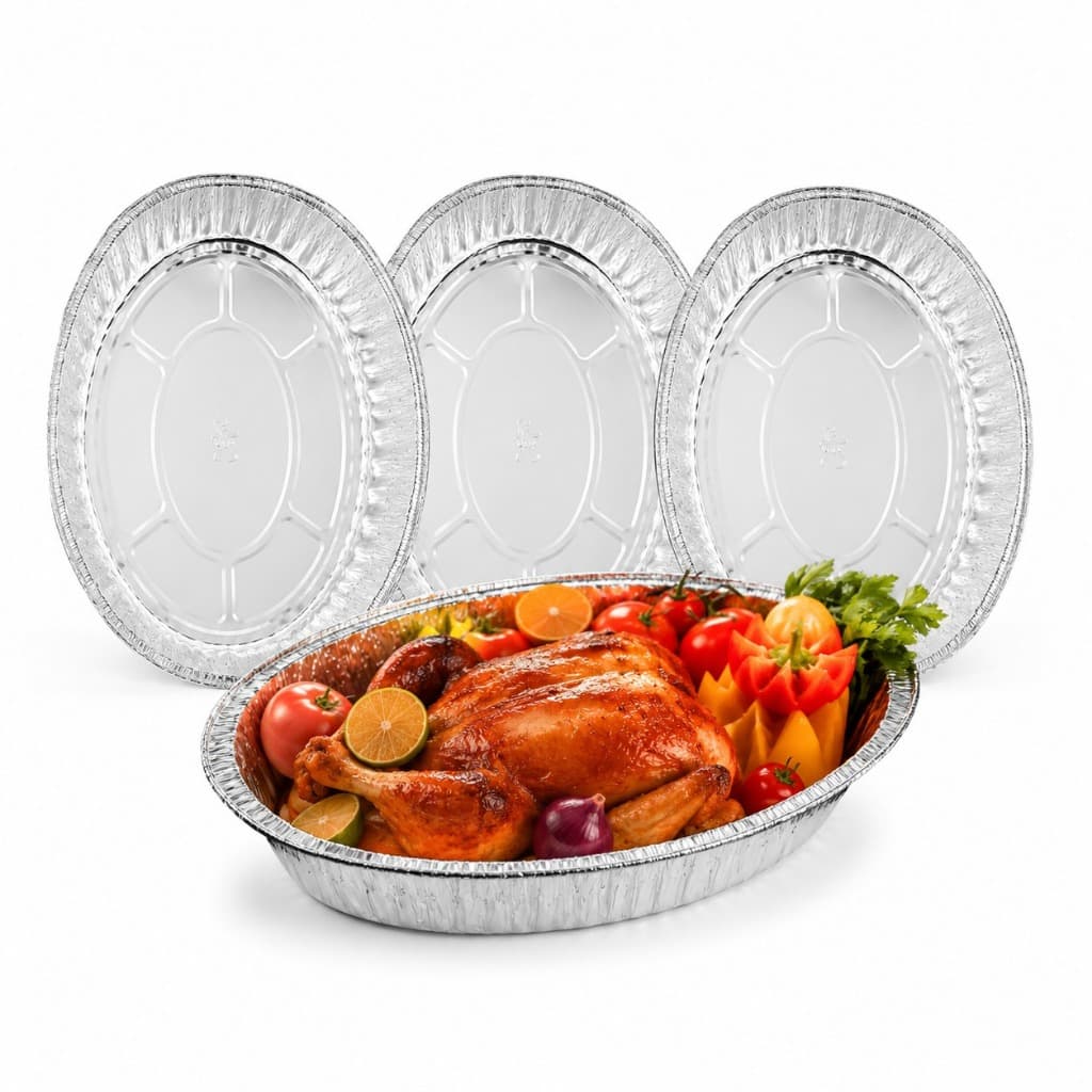 Kit 3 Assadeiras de Alumínio Descartáveis Oval Resistente  Forma para Assar Frango, Carnes, Lasanha e Churrasco