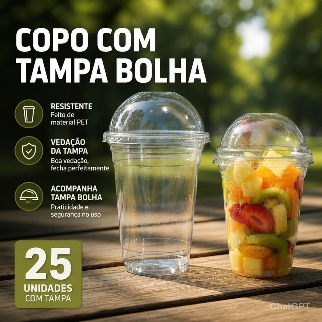 25 Unidades Copo Resistente Tampa Bolha  Açaí, Mousse, Salada de Frutas  (250, 300, 400, 500, 600ml)