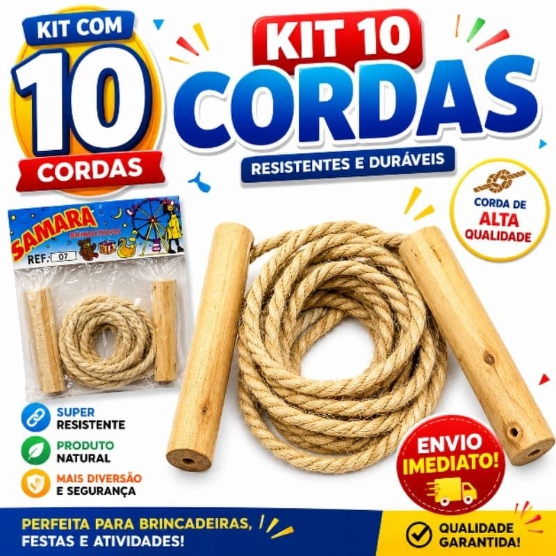 Kit 10 Cordas De Pular Infantil Madeira Brinquedo Lembrancinha Festa Brinde Prenda Doação
