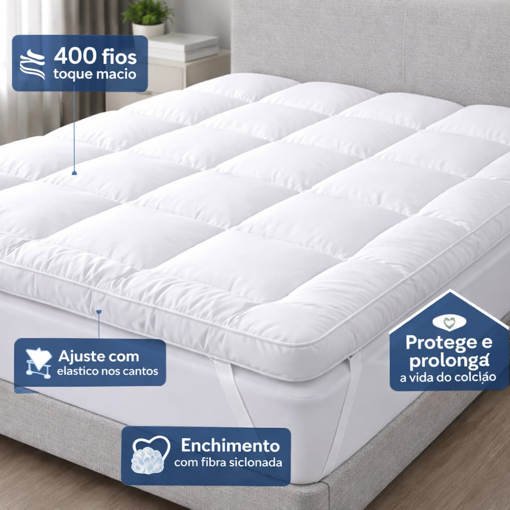 Pillow Top Casal 400 Fios Premium – Protetor Macio com Elástico