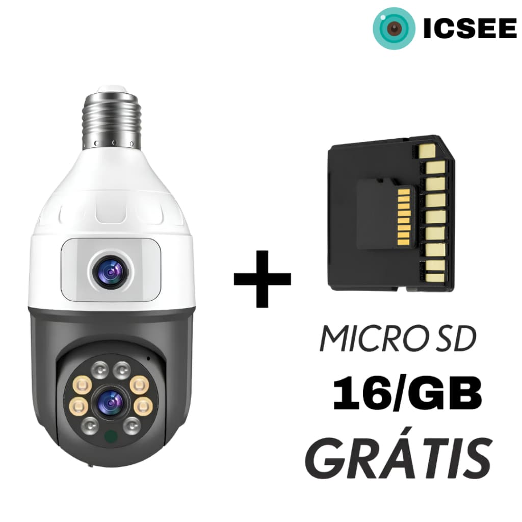 Câmera Segurança Lâmpada 360° WiFi Dupla Lentes ICSEE Visão Noturna com Cartão MicroSD 16GB Grátis