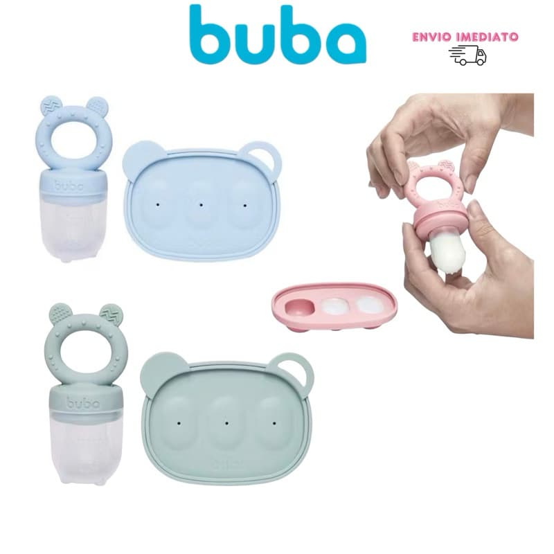 KIT PORTA-FRUTINHAS E FORMINHA EM SILICONE BUBA TETOLÉ ROSA AZUL VERDE