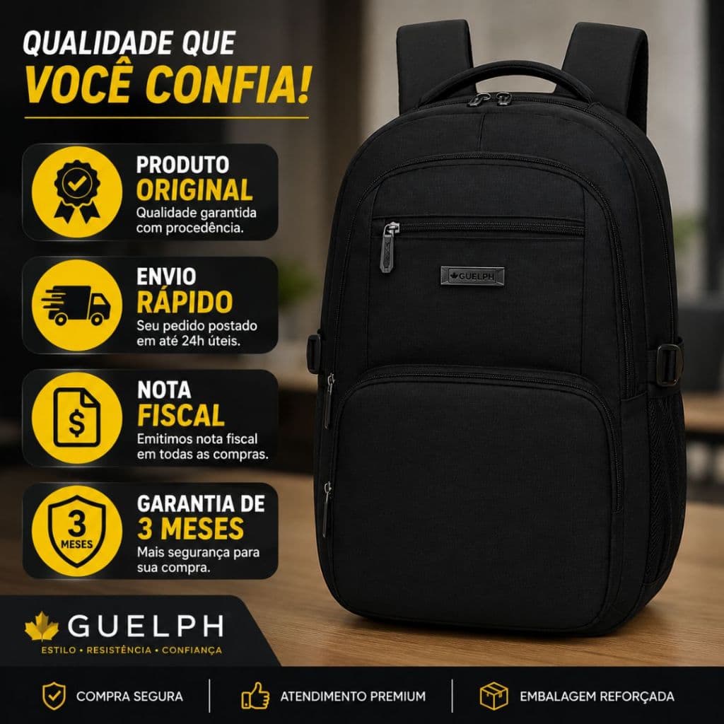 Mochila Masculina Executiva Notebook Resistente Resistente Guelph Preta Trabalho Faculdade Viagem