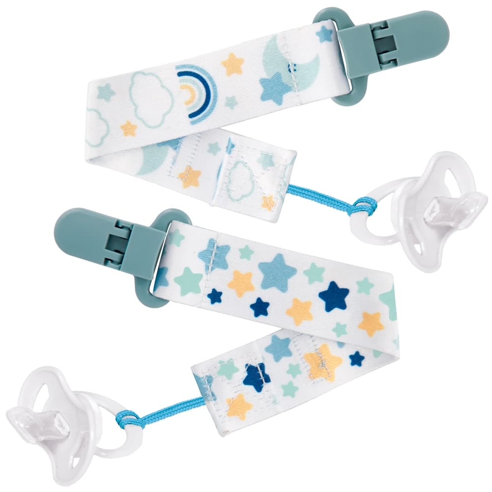 Kit com 2 Prendedores de Chupeta Clipe com Trava Estrelas Azul
