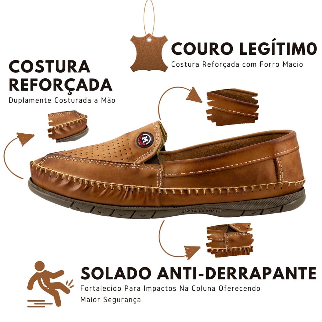 Sapato Sapatilha Mocassim Masculino De Couro Legitimo Ortopédico Antiestresse