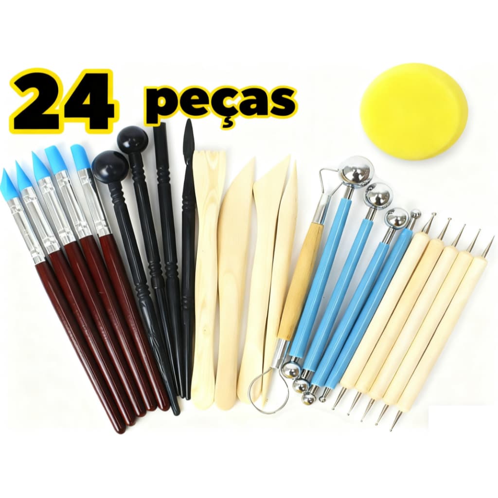 kit 24 Ferramentas Profissionais para Cerâmica e Argila com Cabo de Madeira e Bolsa
