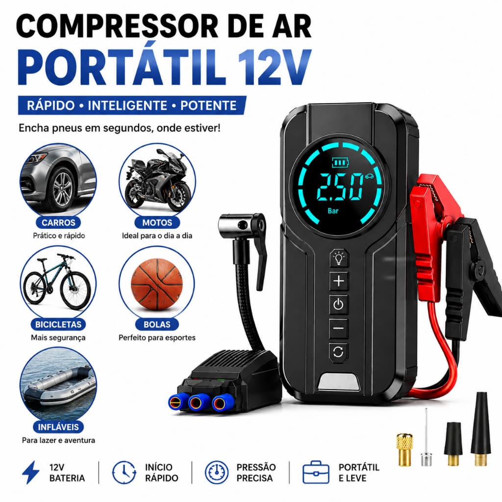 Auxiliar de Partida 10000mAh Portátil com Compressor de Ar 150 PSI Power Bank para Carro/Moto LOJA