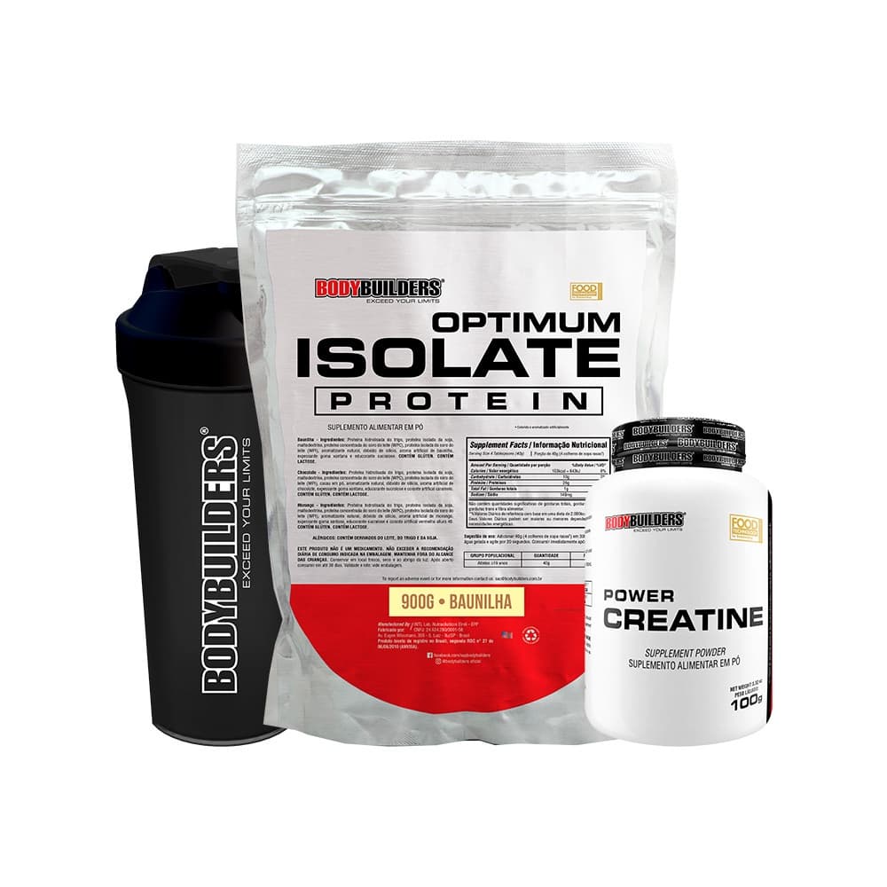 Kit Whey Optimum Isolate Protein 900g + Power Creatina 100g + Coqueteleira - Bodybuilders