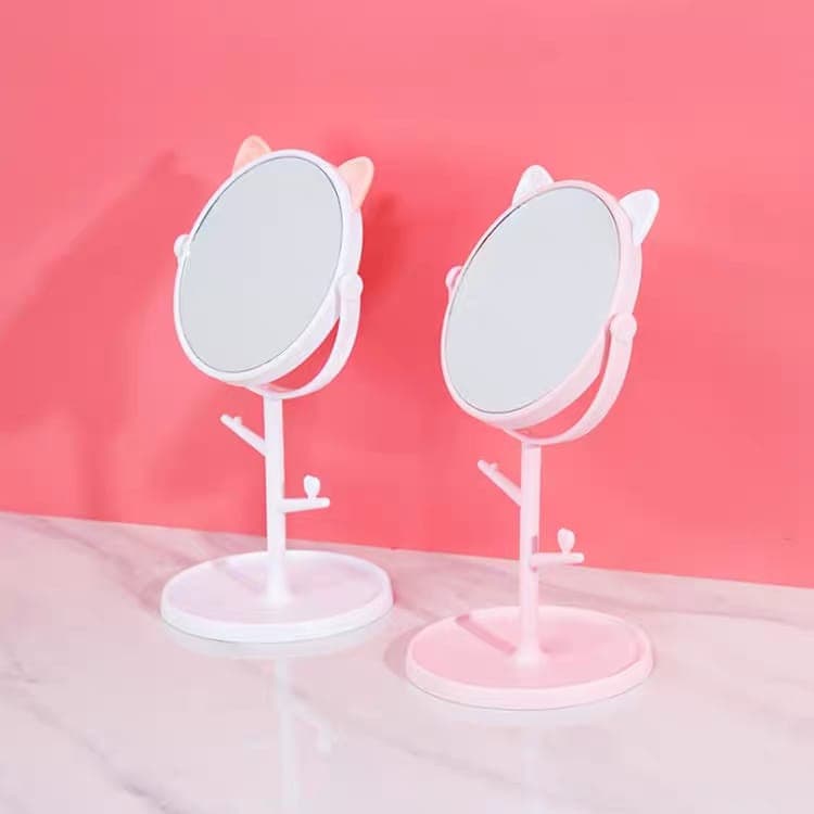 Espelho de mesa penteadeira orelinha de gatinho com porta maquiagens e bijuterias