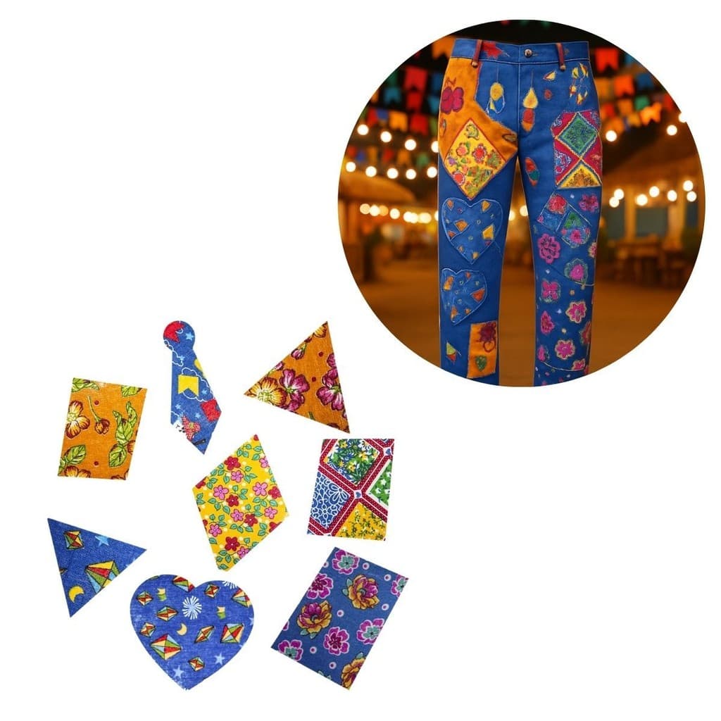 Kit Remendo Junino Adesivo 5 Peças Estampado Roupa Fantasia Arraiá