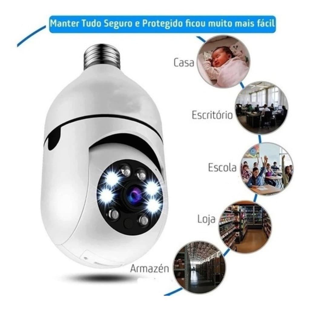 Câmera de Segurança Wifi Wireless Visão Noturna Ip Sem Fio Giratória 360 Encaixe Lâmpada Rosca Yoosee Full HD Bivolt