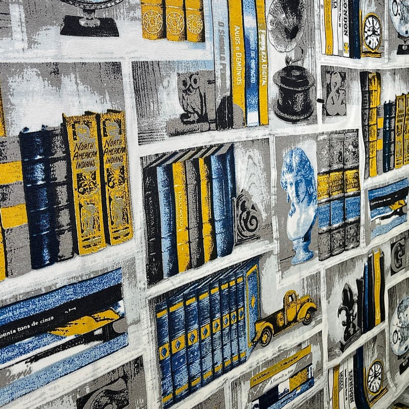 Tecido Estampa Prateleira Livros Amarelo Azul Cinza - 4362