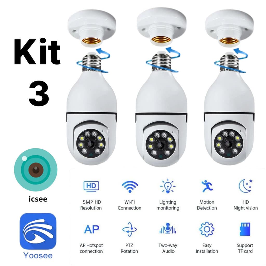 KIT Câmera wifi sem fio giratória 360 com encaixe lampada bocal rosca ptz full HD visão noturna segurança yoosee icsee