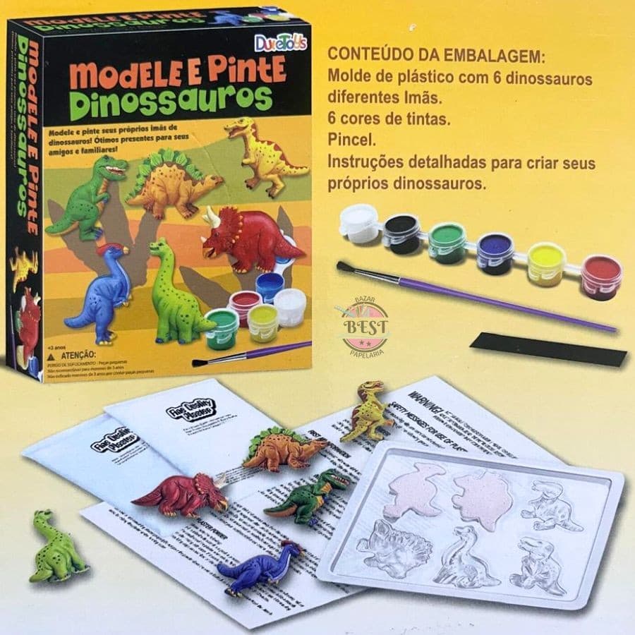 6 Dinossauros Para Pintar Colorir Dino De Borracha Pequeno 6 Cores 1 Pincel Brinquedo Educativo