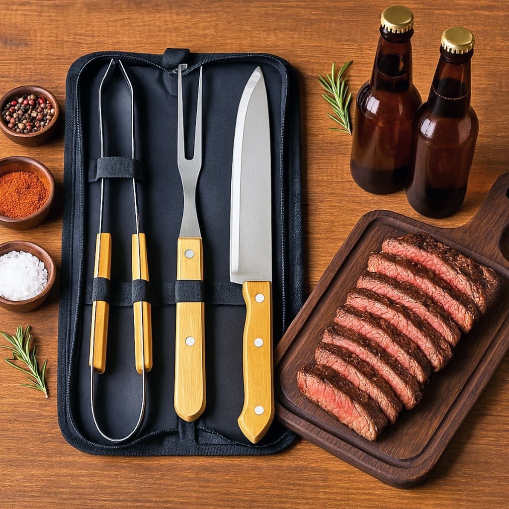 Kit De Churrasco Com 3 Peças Aço Inox Cabo de Madeira Com Estojo Qualidade Superior