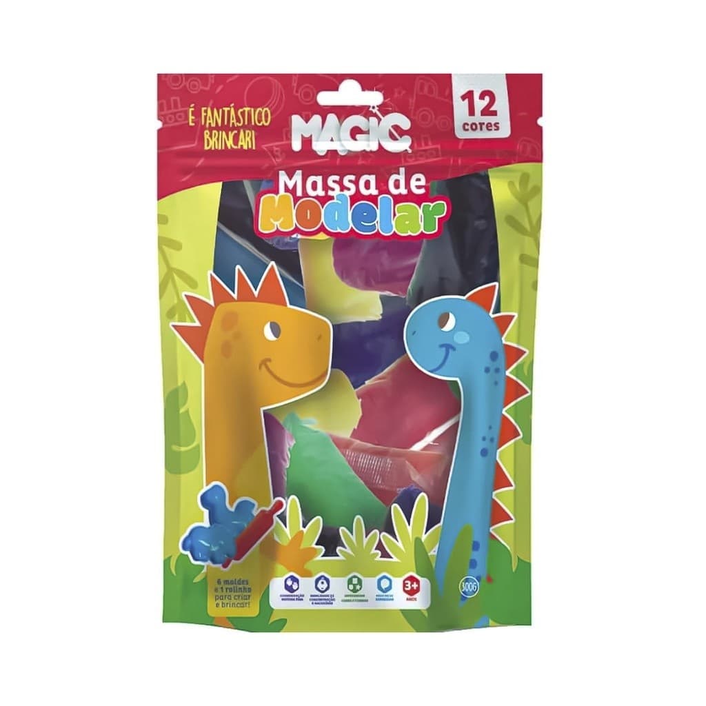 Massa de Modelar 12 Cores com 6 moldes Dino e 1 rolinho 300g