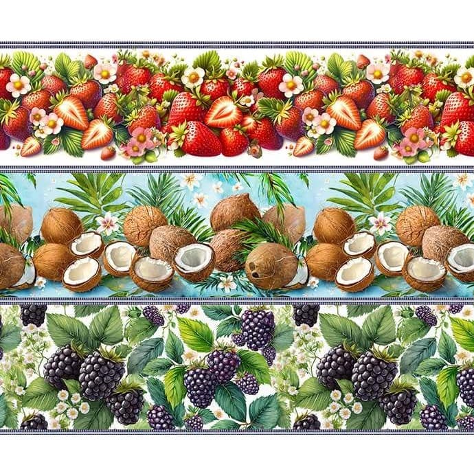 Tecido Tricoline Digital Barrado Estampa de Frutas Tropicais 55x150cm, 100% Algodão, Fernando Maluhy