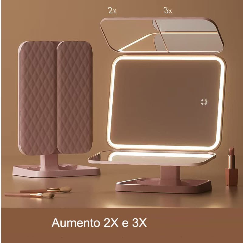 Espelho de aumento portátil 2X e 3x Camarim Iluminação Led Dobravel Portatil - Dobrável e Recarregável via USB