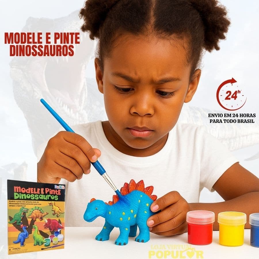 Brinquedo Educativo Molde e Pinte Dinossauros Pincel 6 Modelos De Peças 6 Cores De Tintas