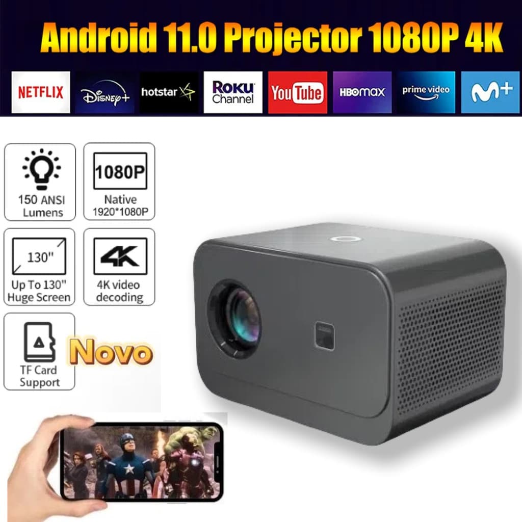 Projetor 4K Portátil com Android, HD, Smart TV, Wi-Fi e Bluetooth - Envio Imediato!