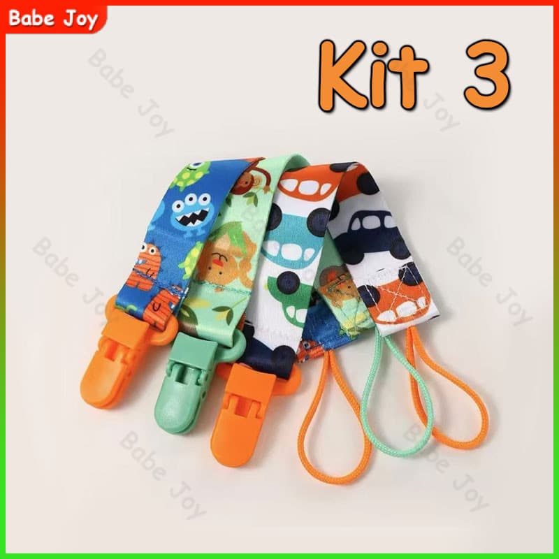 Kit 3 Prendedor de chupeta bebê com estampa de desenho animado mordedor brinquedo anti-queda cordão