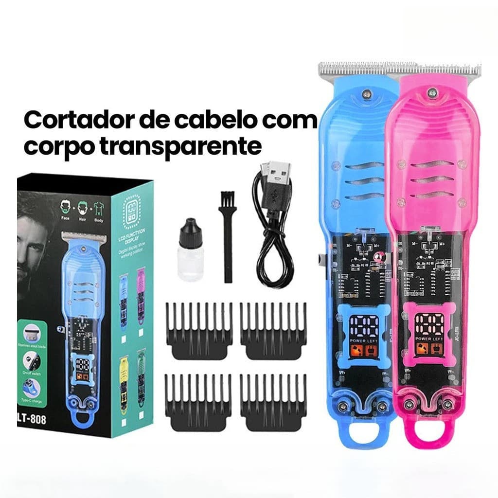 Máquina de Cortar Cabelo Profissional Sem Fio LCD Barbeador Elétrico Masculino Transparente