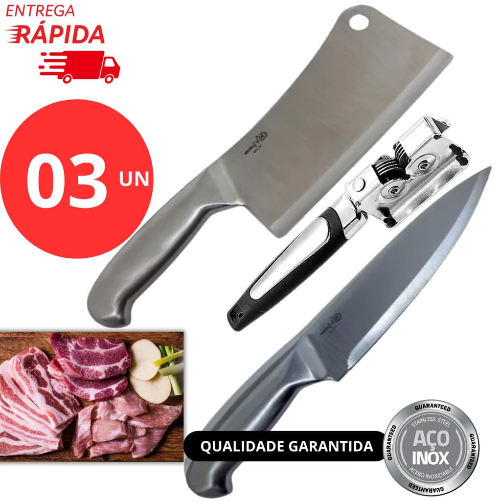 Kit 3 Pçs Faca, Amolador e Cutelo Inteiriço Profissional Aço Inox para Churrasco Açougue Cozinha