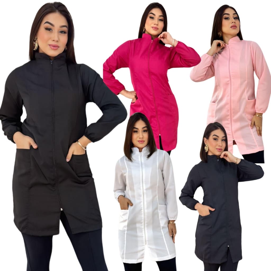 Jaleco Feminino Oxford Clínica Com Ziper Gola Padre Manga Longa